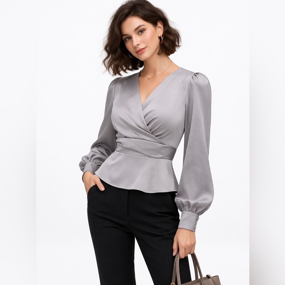 Express Satin Wrap Front Blouse Silver Gray Puff Sleeve Peplum Top Elegant XS